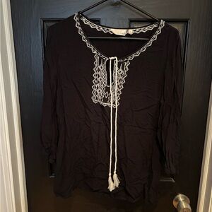 Kenar Black and White Tie Front Blouse with Bib Collar